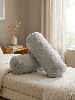 Target Plush Light Gray Faux Fur Bolster Pillow Pair